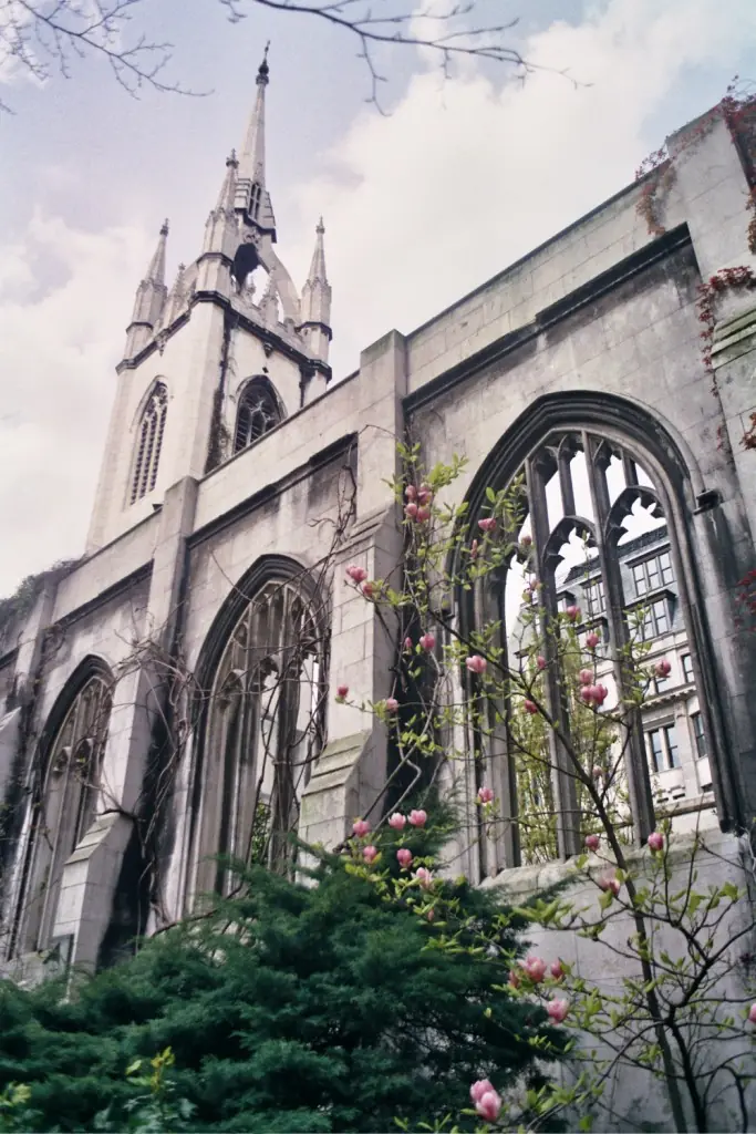 The ruined walls and Wren steeple of St Dunstan in the East