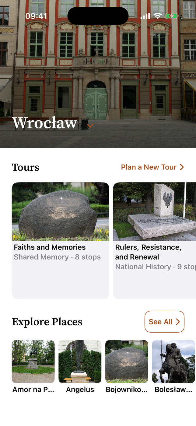 Home scrolled down to the Explore Places grid of real Wrocław points of interest.