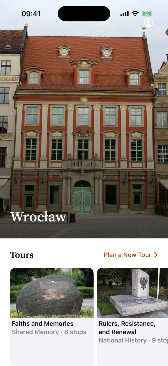 The Home screen: Wrocław hero photo above the Tours shelf.