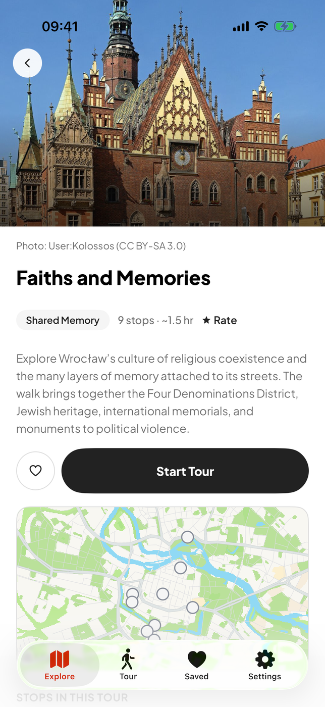 A tour's detail screen — Wrocław's Old Town Hall as the hero photo with its credit line, the title, the category chip and stop count, and the Start Tour button.